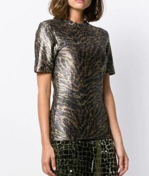 Ganni Lurex T-Shirt Tiger Print Metallic Size 42 / Large NWT